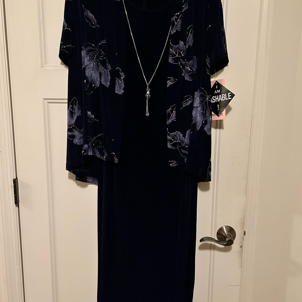 R&M Richards Navy Blue Long Sleeve Dress with Floral Design NWT